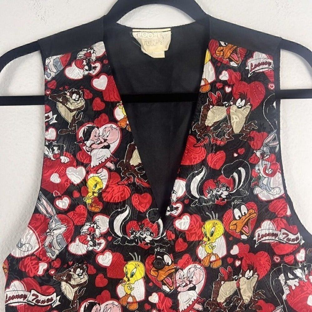 Looney Tunes Vintage 1994 Vest Valentines Red & Black Hearts Top Unisex One Size - Picture 7 of 11